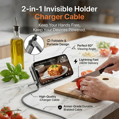 ⚡Official Authorized | 2-in-1 Invisible Holder Charger Cable - 240W Fast Charging Cord with Built-In Phone Stand!