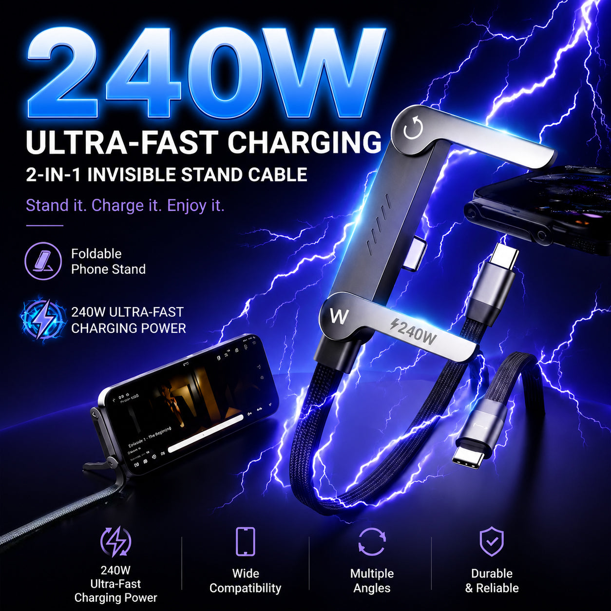 ⚡Official Authorized | 2-in-1 Invisible Holder Charger Cable - 240W Fast Charging Cord with Built-In Phone Stand!