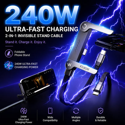 ⚡Official Authorized | 2-in-1 Invisible Holder Charger Cable - 240W Fast Charging Cord with Built-In Phone Stand!