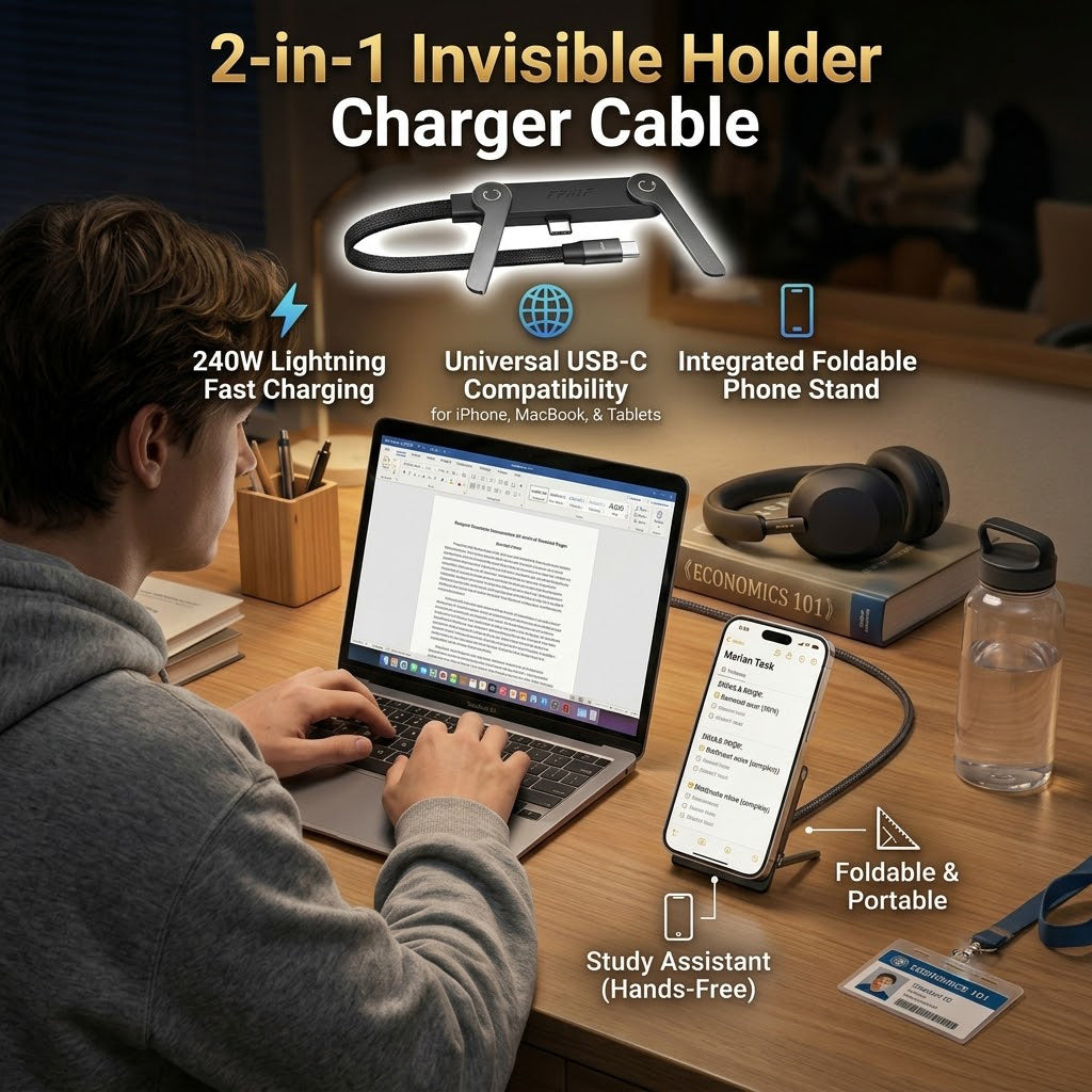 ⚡Official Authorized | 2-in-1 Invisible Holder Charger Cable - 240W Fast Charging Cord with Built-In Phone Stand!